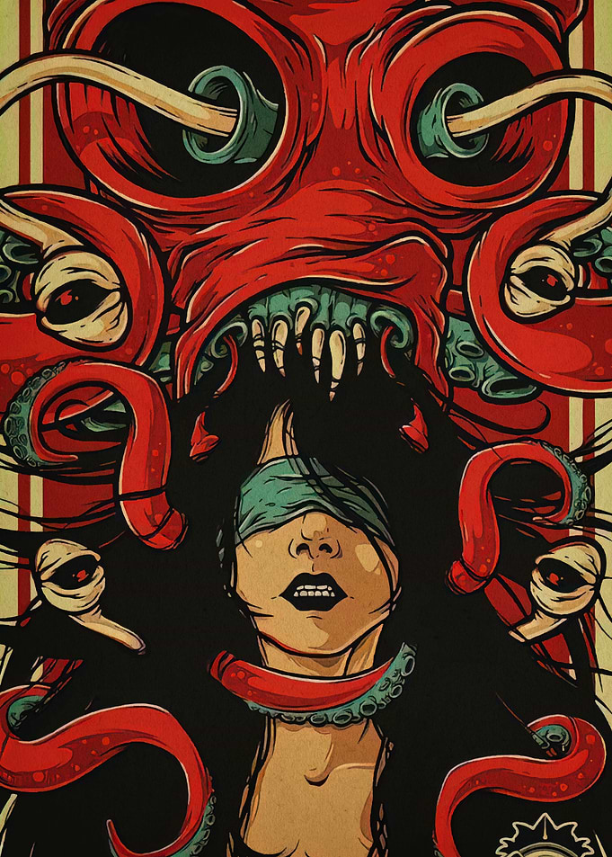 Octopus and Blindfolded Woman Illustration