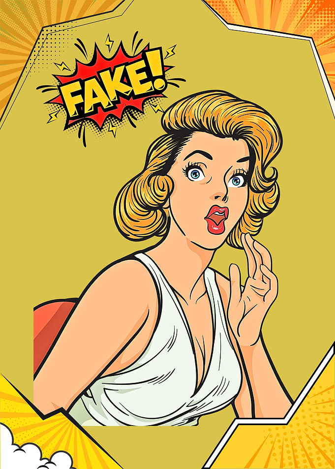 Pop Art Woman with 'FAKE!' Bubble