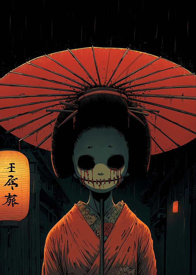 Creepy Geisha with Red Umbrella