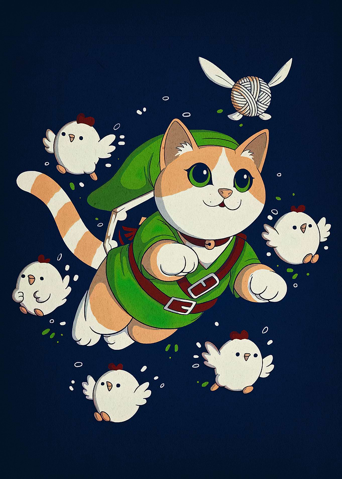 Link Cat with Chickens and Yarn