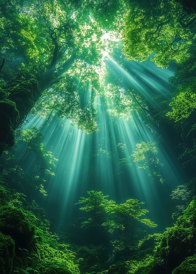 Sunbeams through a lush green forest