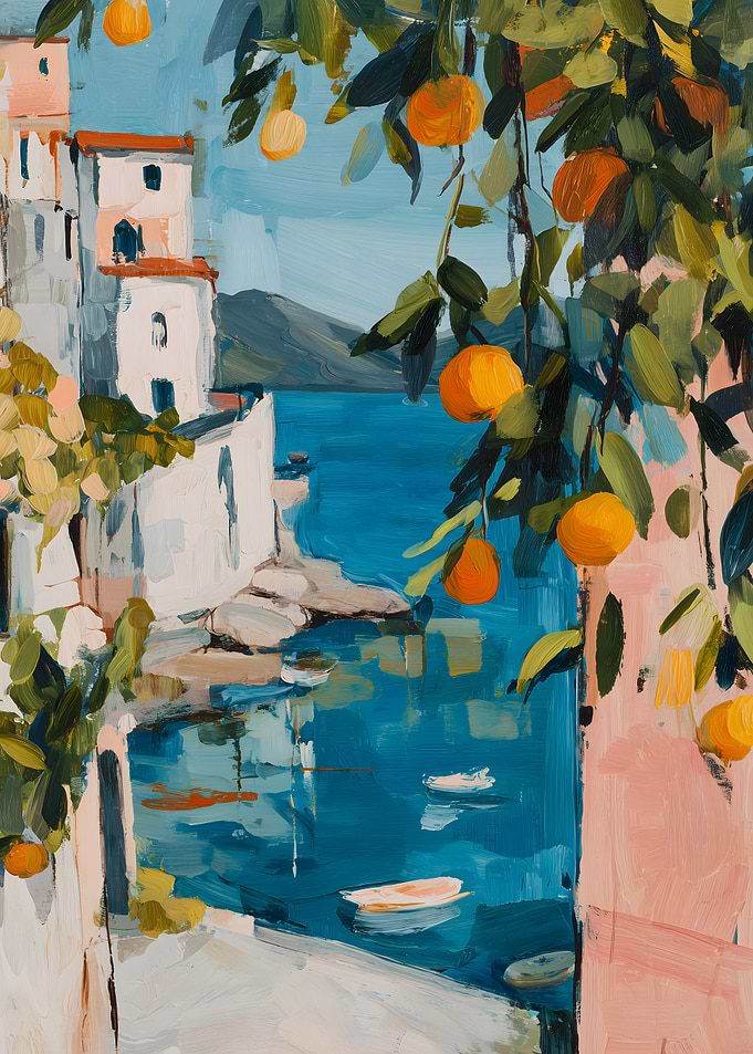 Coastal Town with Oranges Painting