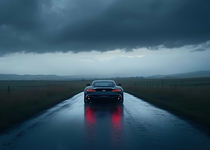 Aston Martin on a Rainy Road