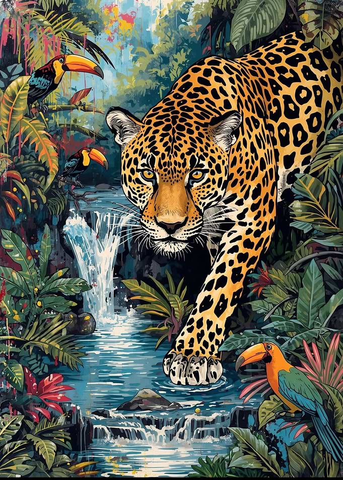 Jaguar in Jungle with Waterfall