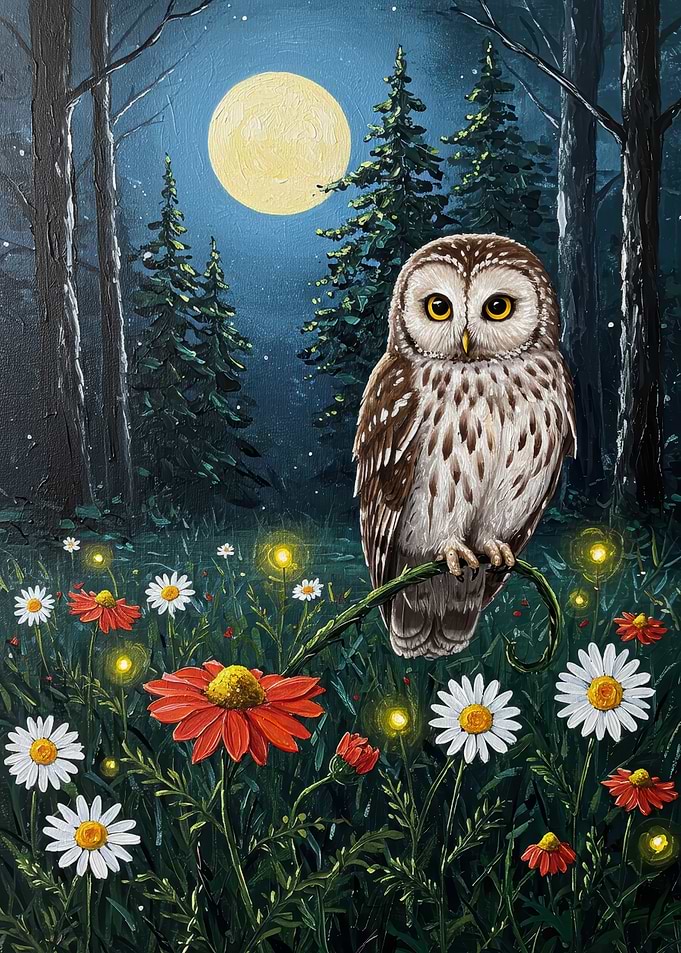 Owl in a moonlit flower field