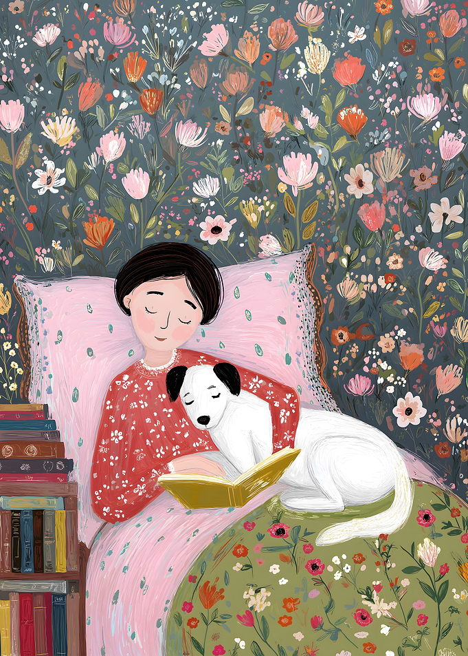 Girl Reading with Dog in Floral Setting