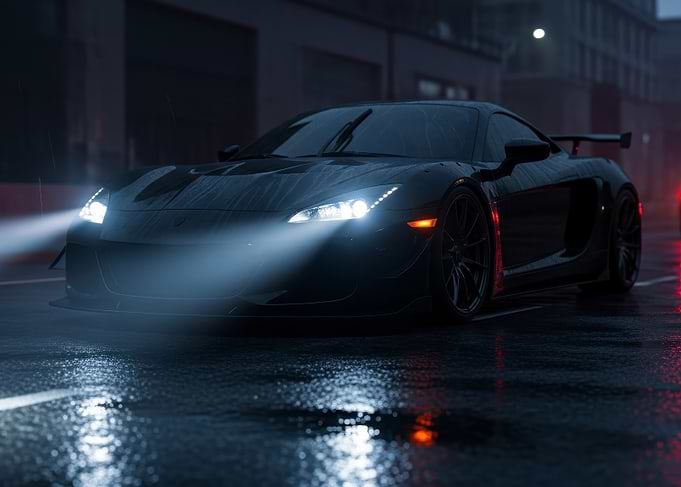 Sleek Black Sports Car on Wet Road