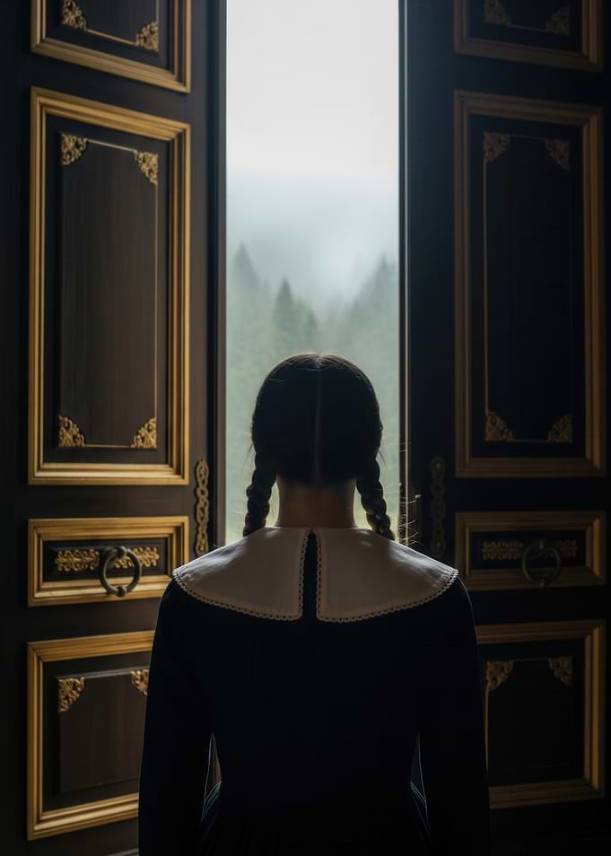 Girl in doorway overlooking misty forest