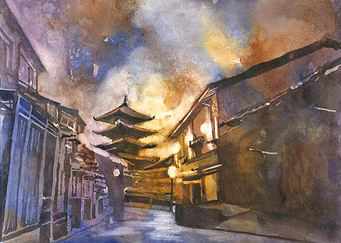 Watercolor Painting of Japanese Temple Street