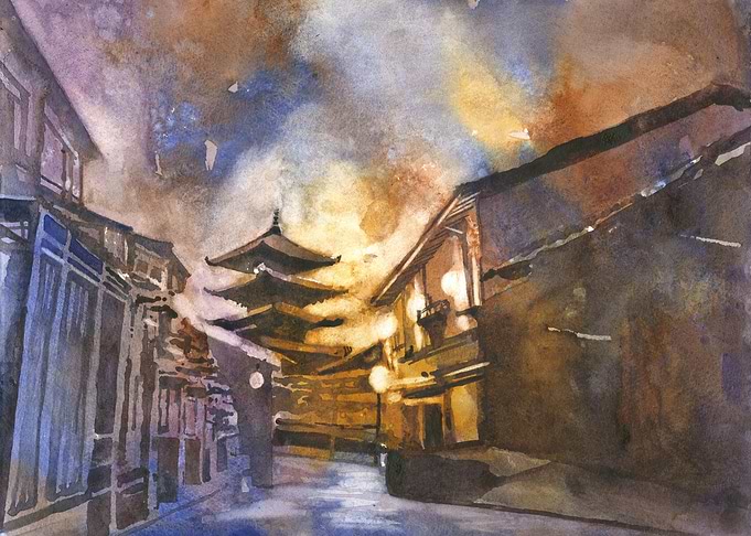 Watercolor Painting of Japanese Temple Street