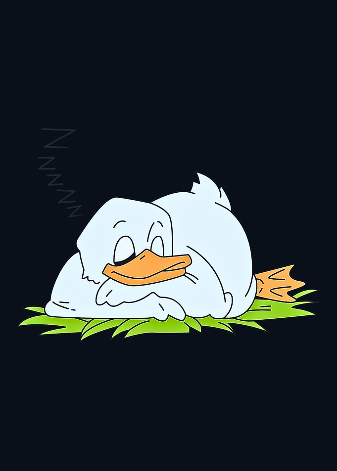 Sleeping Cartoon Duck on Green Grass
