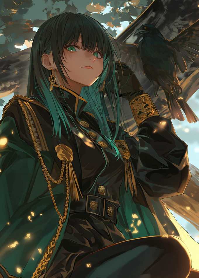 Anime Girl with Raven on Branch