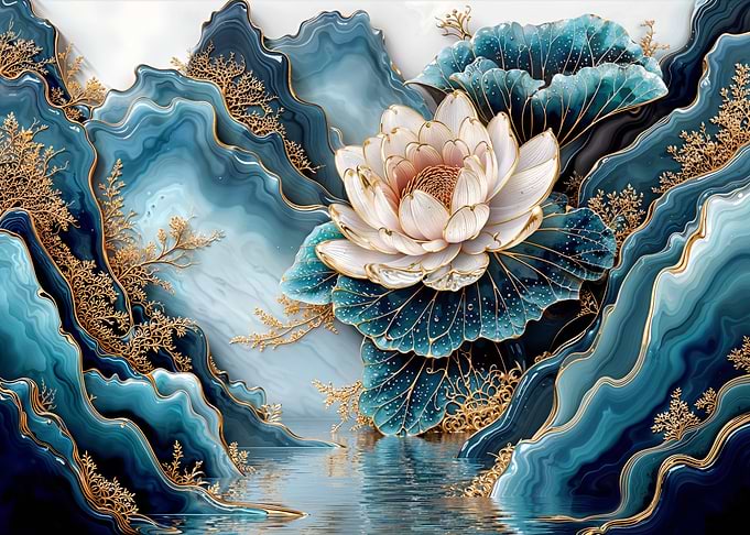 Elegant Lotus Flower with Blue Landscape