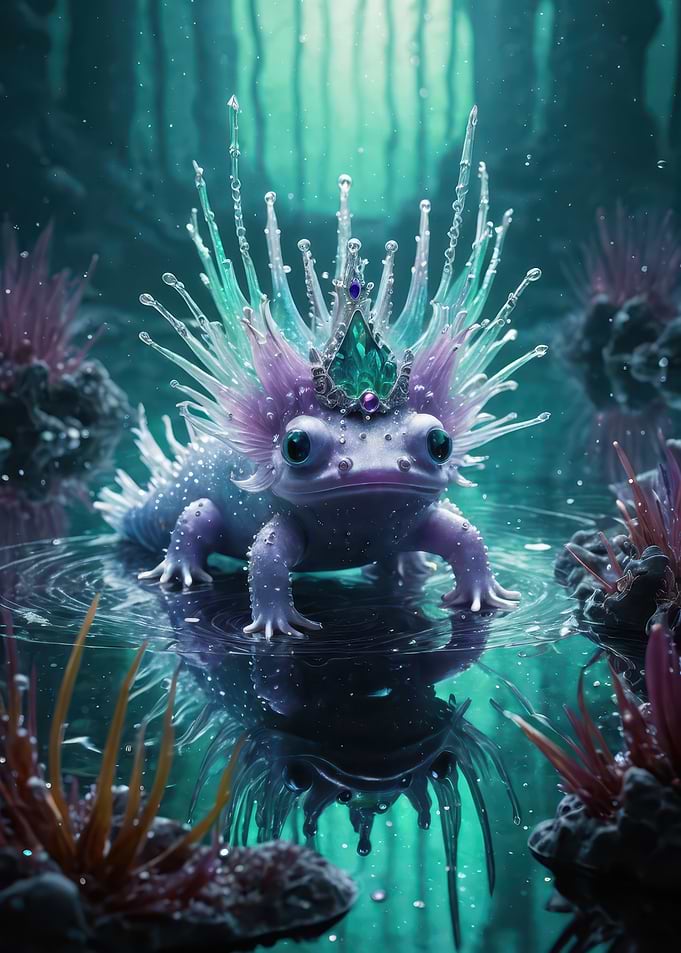 Axolotl Prince with Crystal Crown — Fantasy Digital Art Print