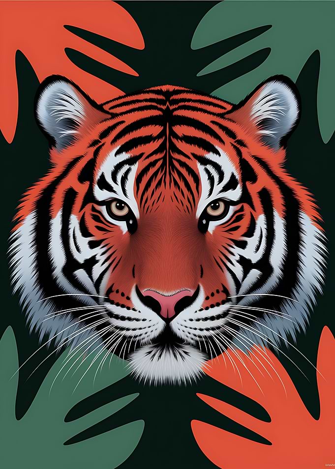 Tiger Portrait with Abstract Leaf Background Pop Art