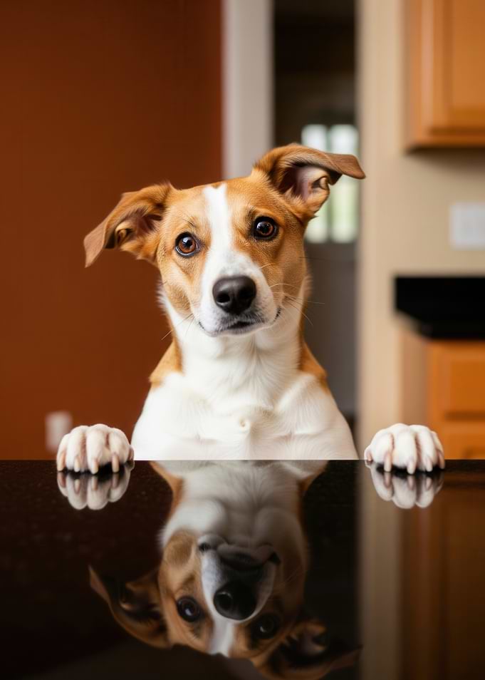 Curious Dog at Countertop Reflection