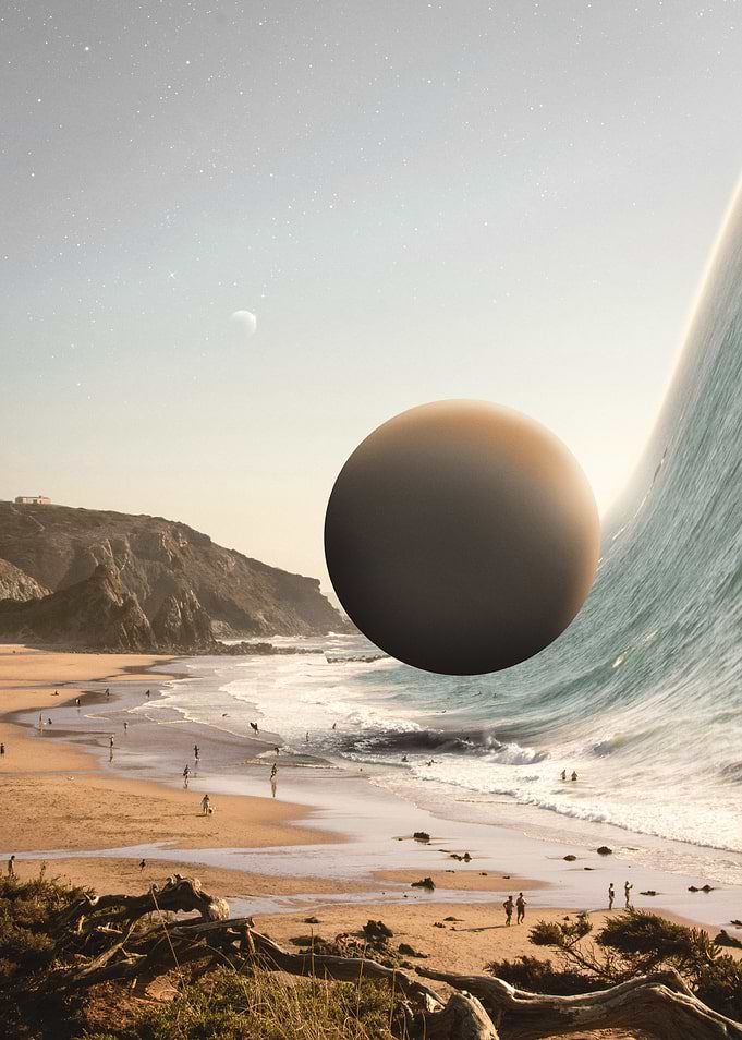 Surreal Beach Scene with Sphere and Wave