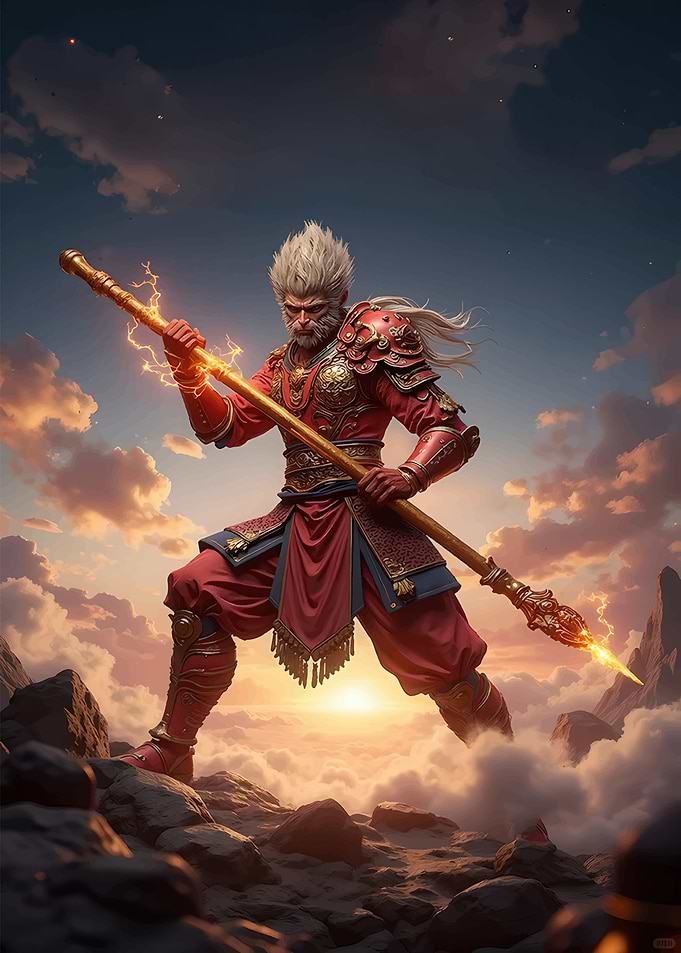 Monkey King with Staff on Mountain