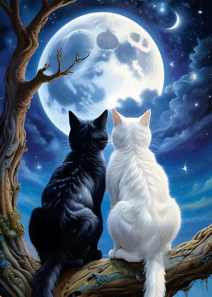 Black and White Cats Under Moonlight