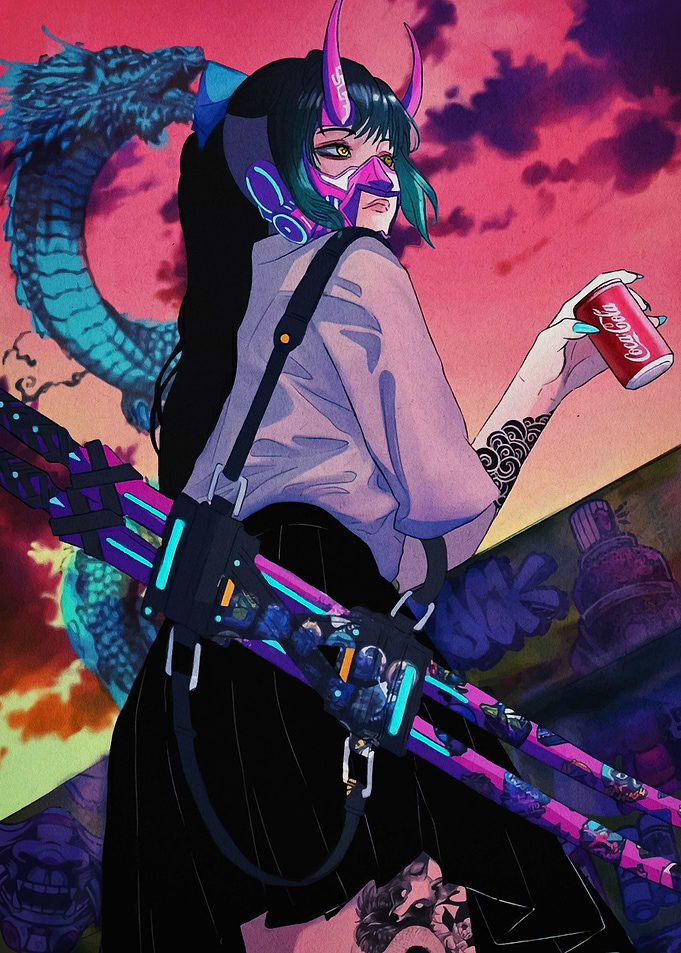 Cyberpunk Oni Girl with Coca-Cola