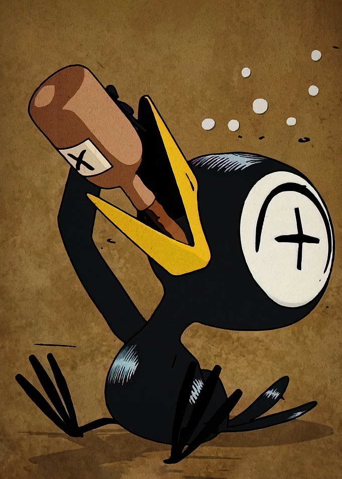 Cartoon Bird Drinking from Bottle
