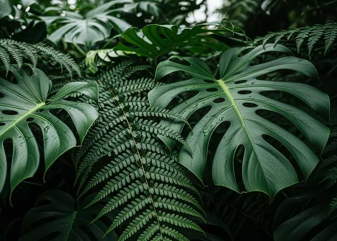 Lush Green Tropical Leaves Close-Up