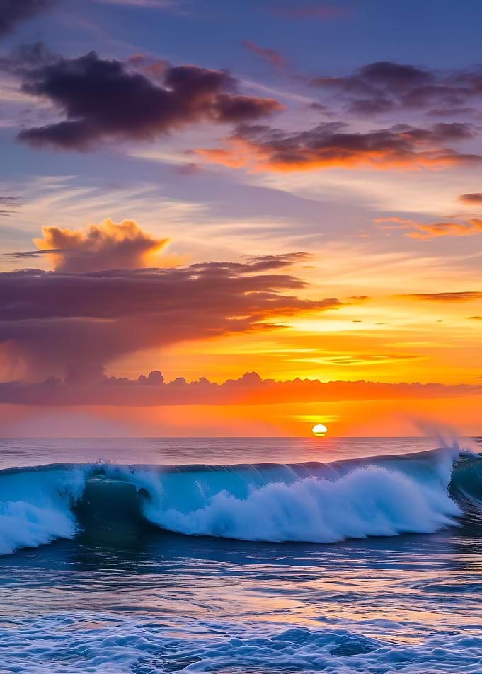 Ocean Wave at tropical vibrant Sunset colorful clouds and blue sky