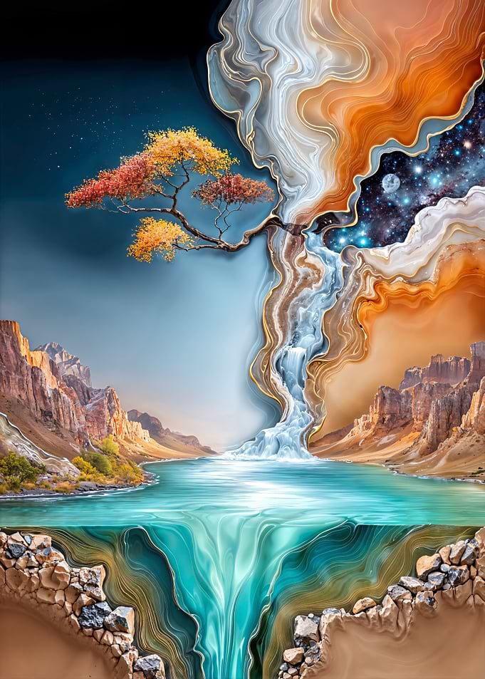 Surreal Landscape with Waterfall and Tree