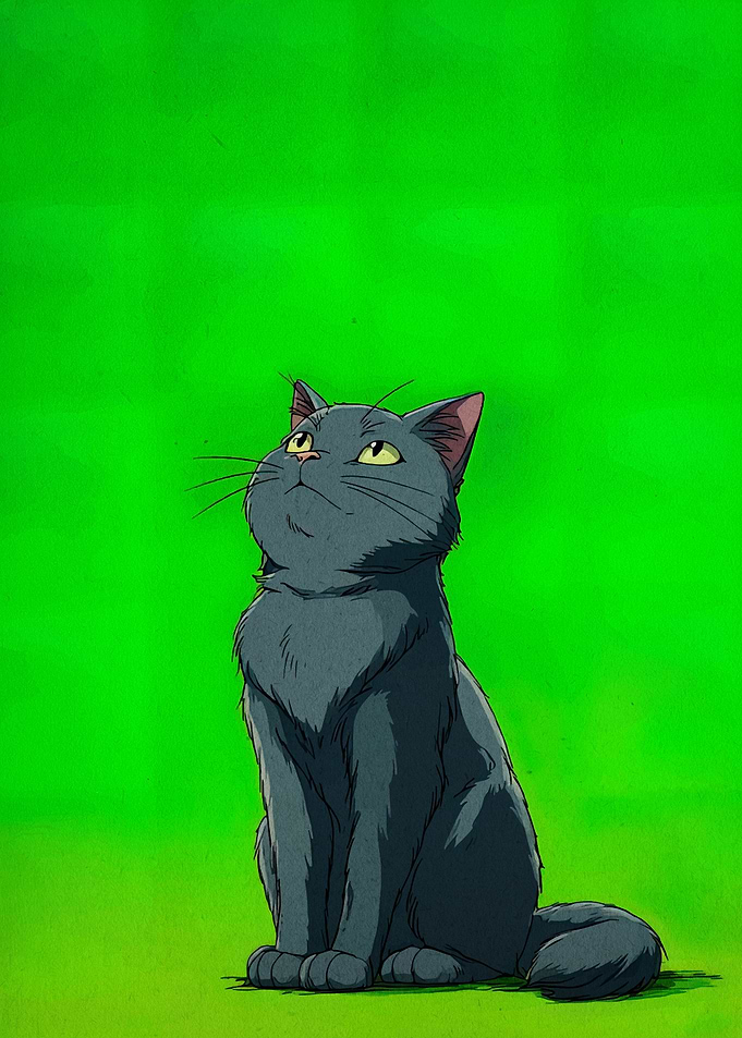 Sitting Gray Cat with Green Background