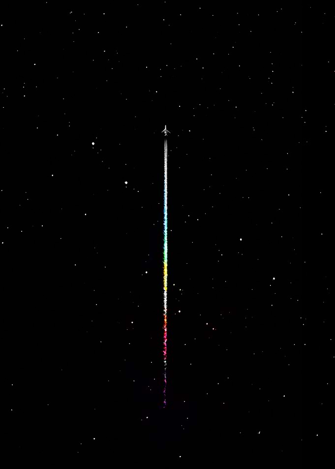 Airplane with Rainbow Trail in Space