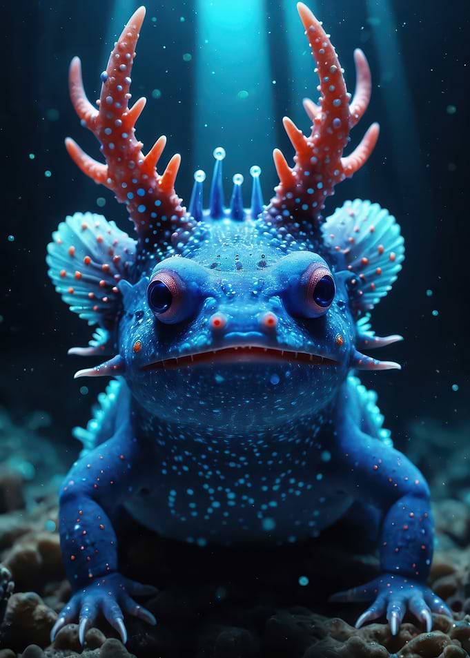 Bioluminescent Blue Frog with Coral Antlers — Underwater Fantasy Creature 3D Render