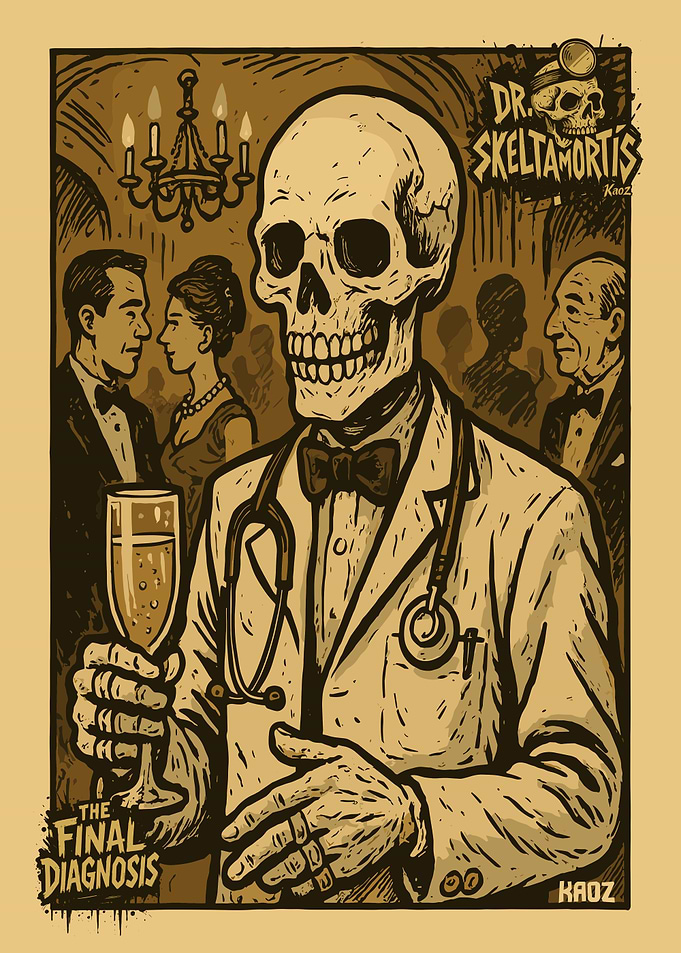 skeleton dressed as a doctor, holding a champagne glass
