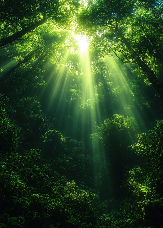 Sunlight Through Green Forest Canopy