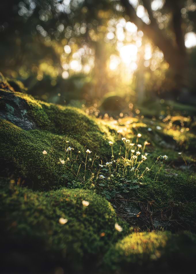 Mossy Forest Floor with White Flowers