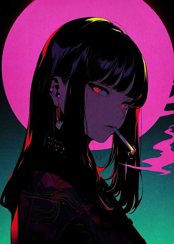 Anime Girl Smoking with Pink Moon