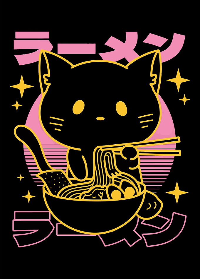 Cat Eating Ramen Japanese Art