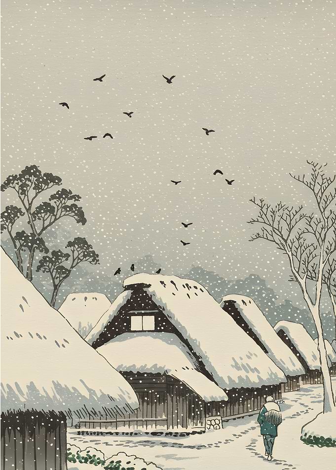 Snowy Japanese Village Woodblock Print