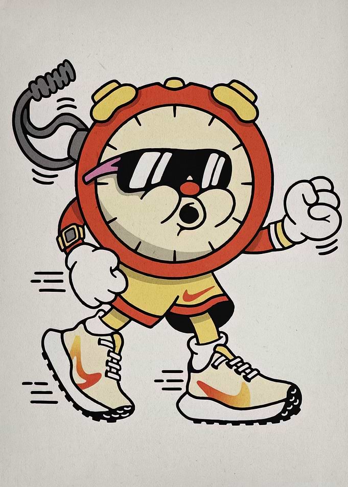 Cartoon Clock Character Running with Nike Shoes