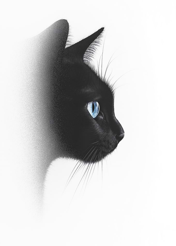A minimalist cat portrait with blue glowing eyes