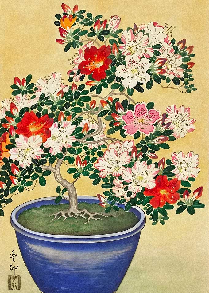 Azalea Bonsai in Blue Pot Painting