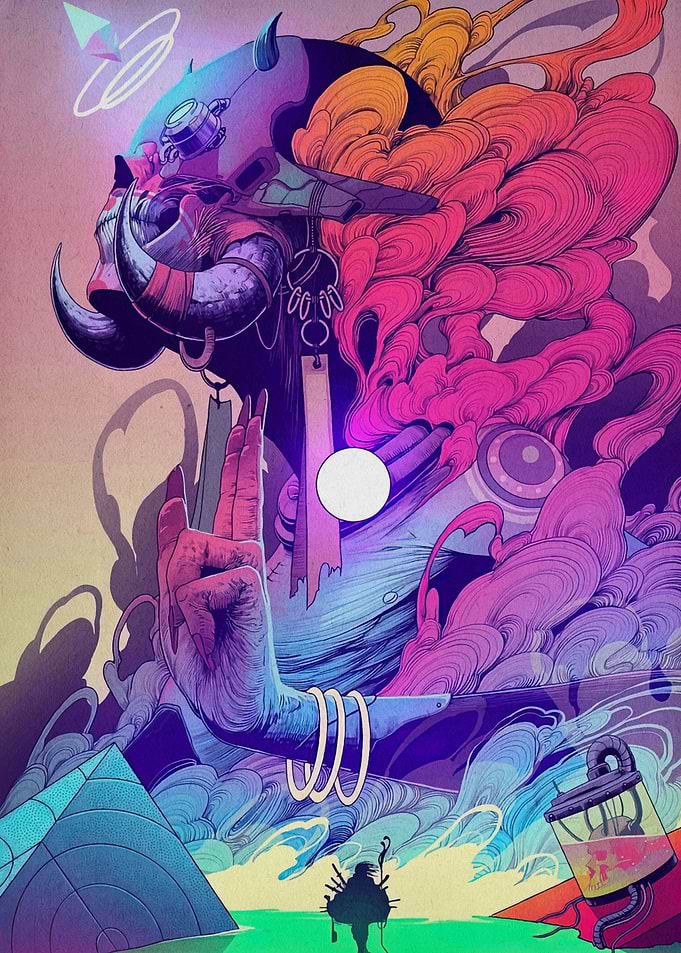 Abstract horned figure with geometric elements