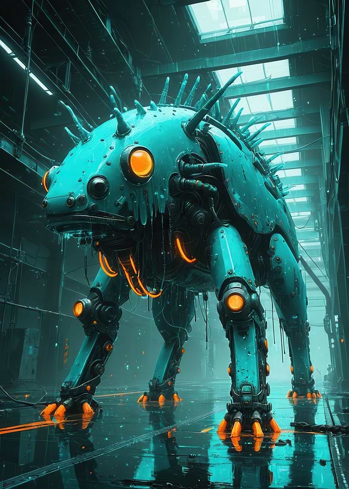 Neon Amphibian Mech - Cybernetic Frog Guardian