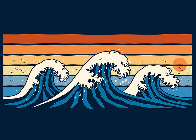Great Retro Waves at Sunset Illustration