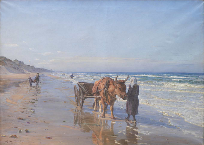 Ox-drawn cart on a beach painting