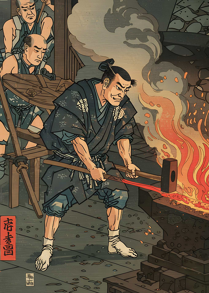 Japanese Blacksmith Ukiyo-e Style Art