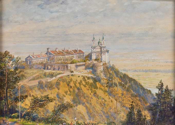 Watercolor Painting of a Hilltop Basilica