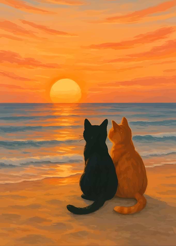 Cats watching sunset at the beach