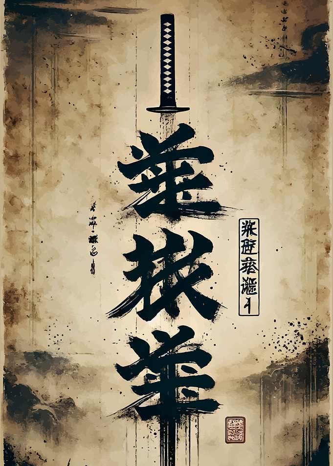 Japanese Calligraphy with Katana Illustration