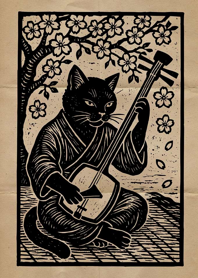 Cat playing Shamisen under Cherry Blossoms
