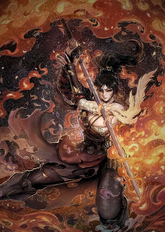 Female Warrior with Sword and Fire